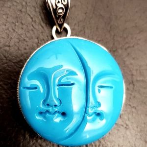 New Carved Double Moon Face 925 Silver Pendant.